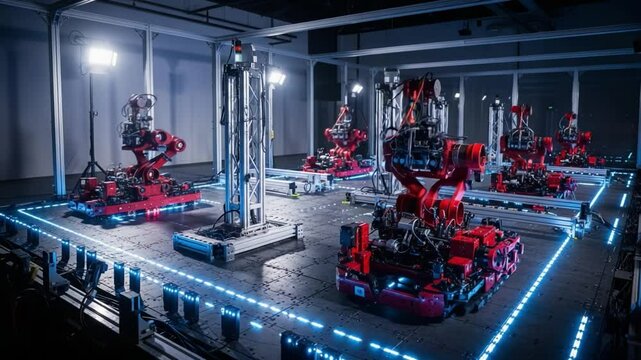 Robots in an Advanced Industrial Facility Performing Automated Tasks at Night