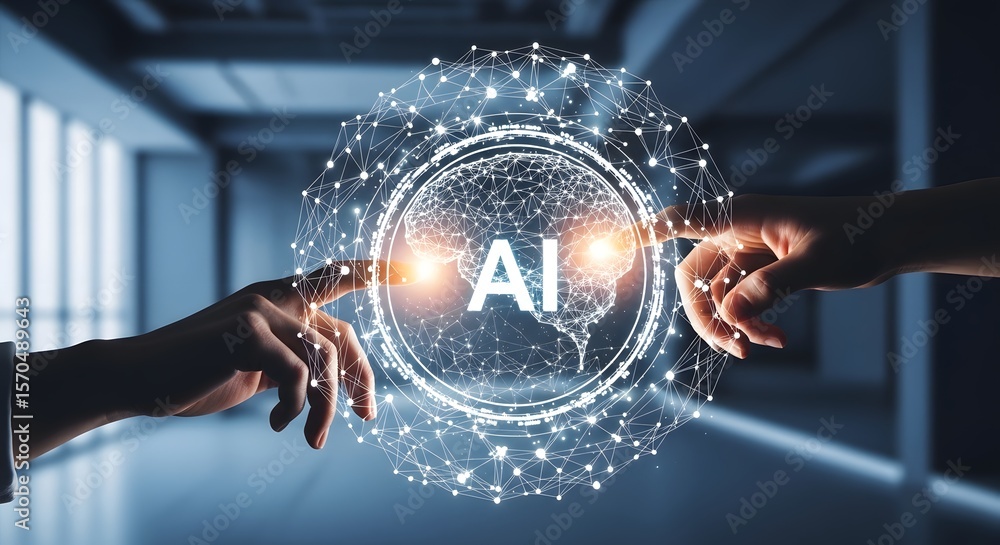Poster human hands interact with a glowing ai sphere, symbolizing connection between humanity and artificia