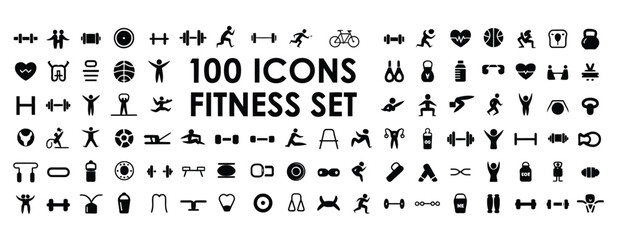Editable vector pack of 100 isolated fitness and sports icons for design on white background

