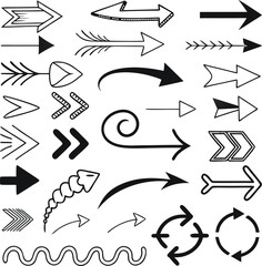 A collection of hand-drawn arrows. Set simple arrows isolated on a white background. Arrow mark icons. Arrow paint - stock vector.