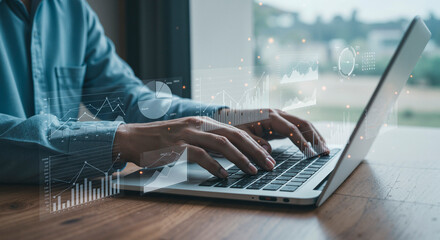 Business accounting and planning strategy for financial growth. Person using laptop to analyze profit charts, investment trends and monthly financials on digital dashboard