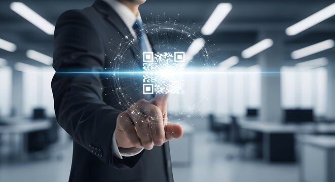 Businessman in suit interacting with a digital QR code interface in a bright, modern office setting. - Powered by Adobe