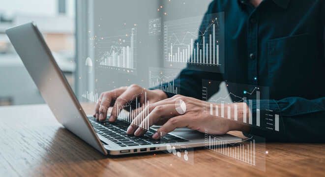 Business accounting and planning strategy for financial growth. Person using laptop to analyze profit charts, investment trends and monthly financials on digital dashboard