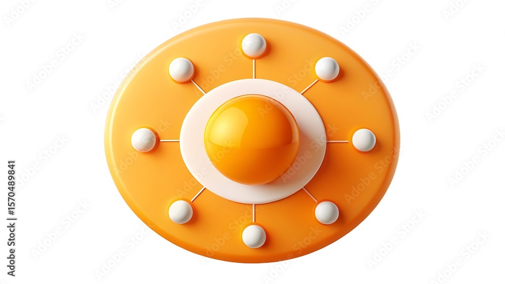 Poster abstract orange circular structure with a central glossy sphere and radiating white spheres connecte