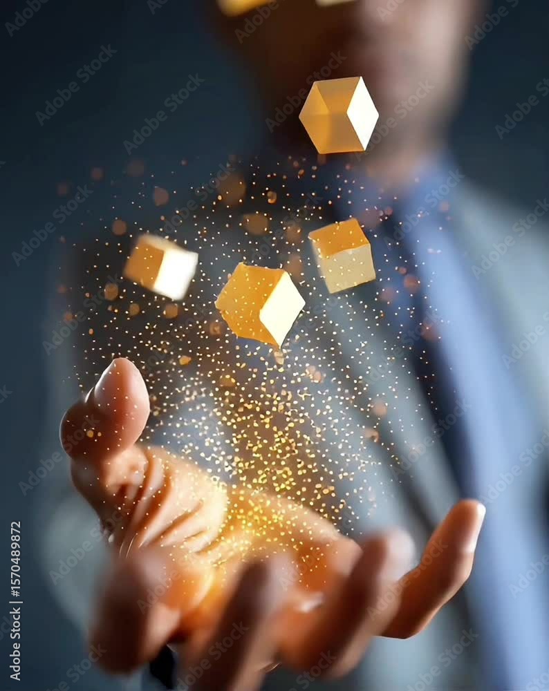 Poster a hand is reaching out with glowing golden cubes floating above the palm, surrounded by sparkling pa