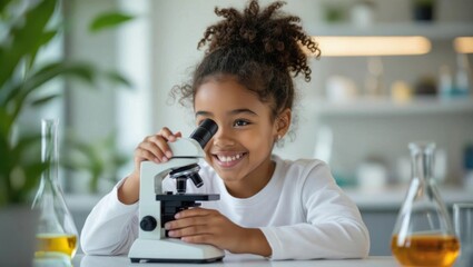Joyful young girl with curly hair enthusiastically explores the world of science using a microscope in a bright laboratory setting