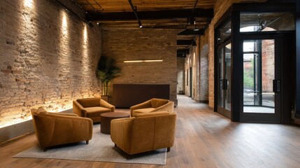 Loft-style workspace with brick walls soft velvet paneling tan leather chairs top-down light with shadow streaks across rustic