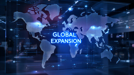 Digital globe map displays "Global Expansion" with blurred office workers, suggesting business growth