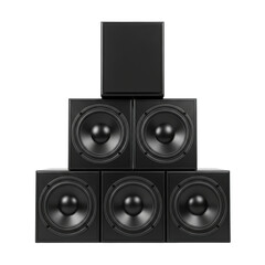 A pyramid stack of black subwoofers, designed for powerful bass and immersive audio. Ideal for home theater or professional sound systems.