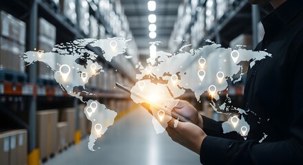 Person using tablet with world map overlay, representing global logistics and distribution within a warehouse setting.