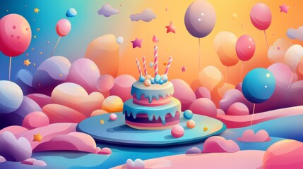 Colorful birthday composition with balloons, confetti, gift boxes, and party decorations on vibrant pastel background for celebration or greeting concept




