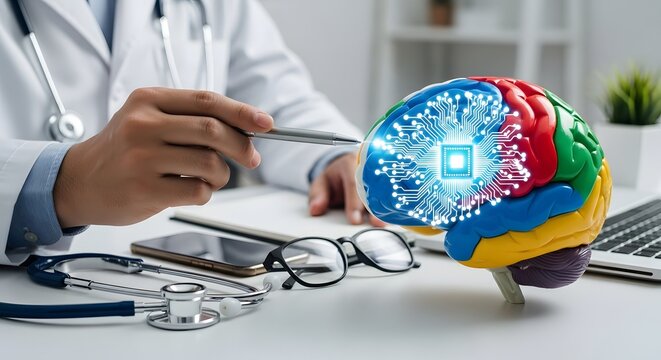 A doctor examines a colorful model brain overlaid with digital data, suggesting a concept of neurological technology or medical research.