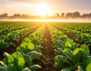 Fresh Green Lettuce Fields at Sunrise with Vapor in the Air