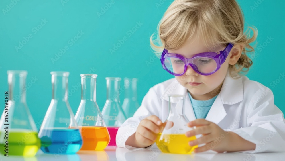 Aufkleber curious young child in lab coat and goggles engaged in a colorful science experiment with flasks
