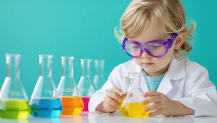 Curious young child in lab coat and goggles engaged in a colorful science experiment with flasks