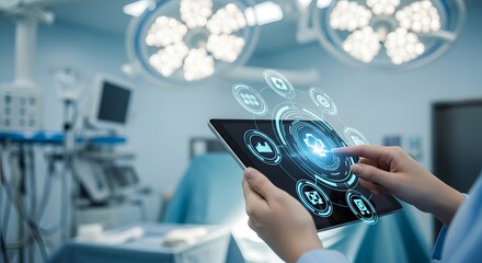 Hands using a tablet displaying medical icons in an operating room with surgical lights and equipment.