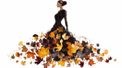 Woman Autumn Fashion Dress of Fall Leaves and berries on White, Creative Beauty, art