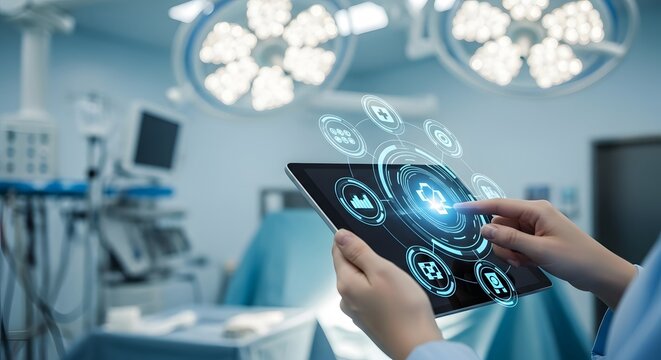 Hands using a tablet displaying medical icons in an operating room with surgical lights and equipment.