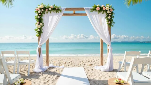 Beach wedding setup with floral arch and white chairs by the ocean