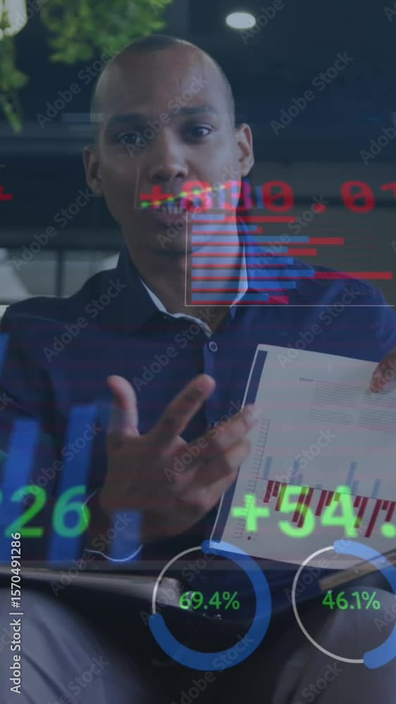 Poster animation of financial data processing over businessman working