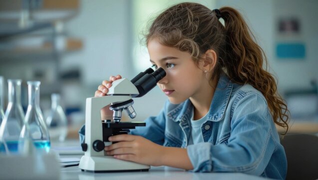 Curious young girl with curly brown hair intently studies a specimen through a microscope in a bright laboratory setting - Powered by Adobe