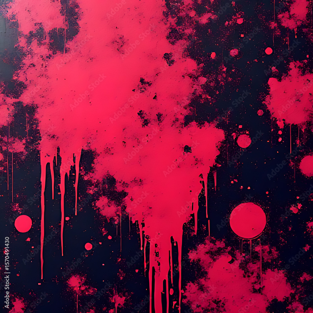 Poster abstract artwork with dripping red paint and splatters on a dark blue background with circular shape