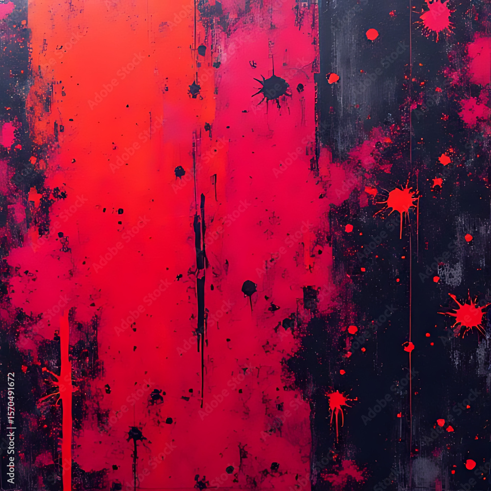 Poster abstract artwork with red and black paint splatters and drips on a textured background vertical comp