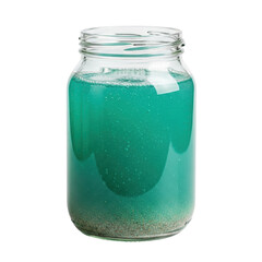 Transparent glass jar containing a teal colored liquid with bubbles and sediment. Useful for science or environmental concepts.
