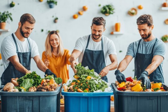 Food waste management concept: People disposing of food scraps into a bin, preparing for composting to reduce waste, Generative AI