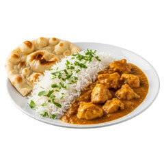 A vibrant plate of chicken curry served with fluffy white rice and warm naan bread, garnished with fresh herbs, perfect for a hearty meal.