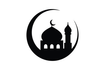 Simple Black and White Mosque Silhouette with Crescent Moon