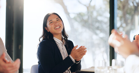 Business woman, applause and meeting with smile for goals, excited and achievement at office....