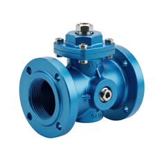A sturdy blue industrial valve with flanges, designed for controlling fluid flow in pipelines and industrial systems.
