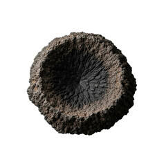 A dark, deep crater with a rough, textured surface and a charred, fractured center. Ideal for abstract backgrounds, sci fi concepts, or geological themes.