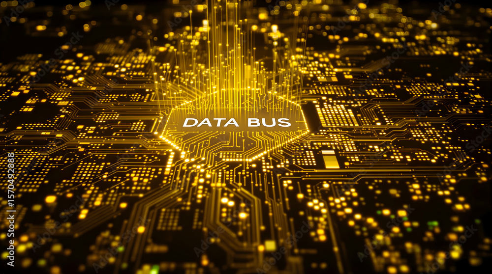 Poster illuminated data bus on a circuit board, conveying information with a glowing background, for techno