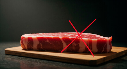 Raw meat with red cross mark on wooden cutting board  