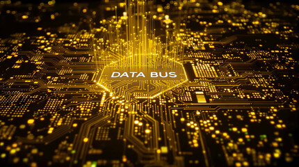 Illuminated data bus on a circuit board, conveying information with a glowing background, for technology visuals