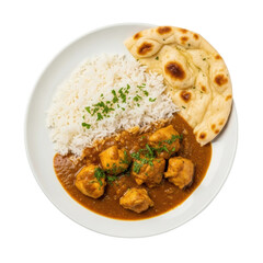 Top down view of a hearty chicken curry meal with basmati rice and naan bread, garnished with fresh herbs. Ideal for culinary promotions.