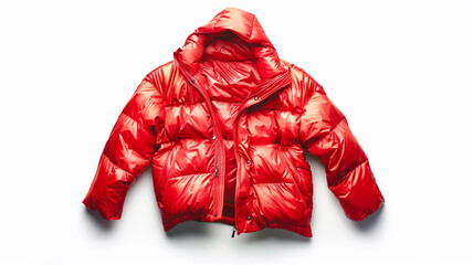Bright red warm puffer jacket with hood, isolated on white. Perfect for winter fashion and outdoor warmth.