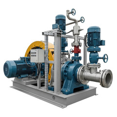 A large industrial pumping system featuring multiple electric motors, pumps, and a network of pipes and valves, designed for heavy duty fluid transfer in manufacturing or processing plants.