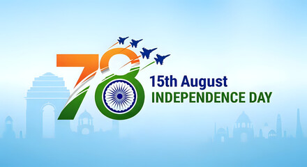 Celebrate India's Independence Day with a vivid seventy eighth anniversary design featuring jets and the tricolor flag on a patriotic backdrop.
