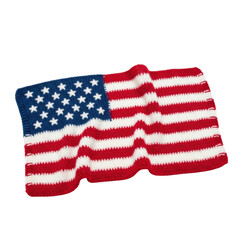 A beautifully handmade crocheted american flag, featuring the iconic red, white, and blue colors with stars and stripes, perfect for patriotic themes or craft projects.