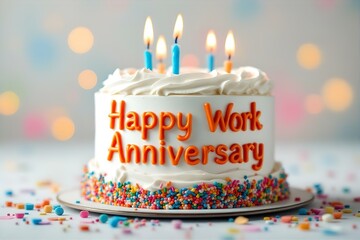 Happy Work Anniversary Cake Image: Celebration with Candles, Sprinkles & White Frosting for Employee Milestone Recognition