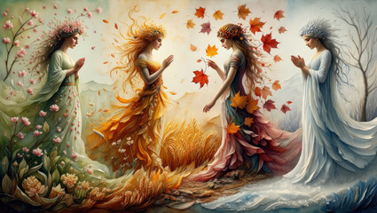 abstract 4 seasons in girl figure art autum,n summer, sprin,g winter