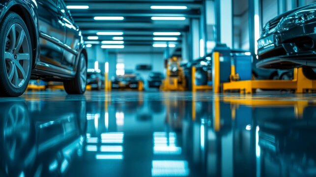Modern auto repair shop interior with cars undergoing maintenance, showcasing clean floors and bright lighting.