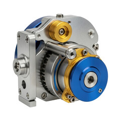 A detailed view of a high precision industrial gearbox or reducer component, featuring silver, blue, and gold metallic parts. Ideal for engineering, manufacturing, and technology visuals.