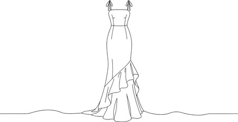 Flat fashion sketch of elegant long dress with shoulder tie straps and ruffle hem, vector technical drawing for evening wear template