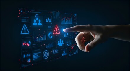 Cyber Security Threat Detection: Hand Touching Digital Screen with Warning Alert Icons. Data Breach Prevention & Risk Management Concept
