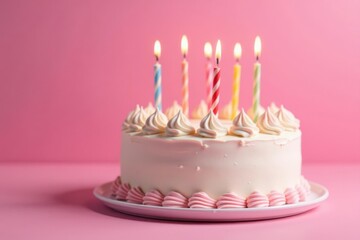 Delicious birthday cake with lit candles, pastel pink background , food, delicious cake