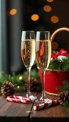 Festive champagne flutes, Christmas basket, gifts, candy canes, pine cones & garlands , luxury, backdrop